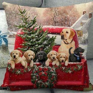 Pillow Cover-NEW-Winter Christmas Truck with Lab Dogs-Canvas Has Zipper-…